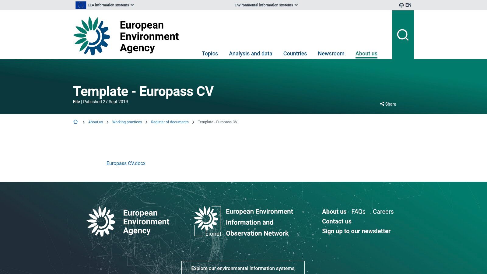 An official Europass CV template provided by the European Environment Agency (EEA) in DOCX format.