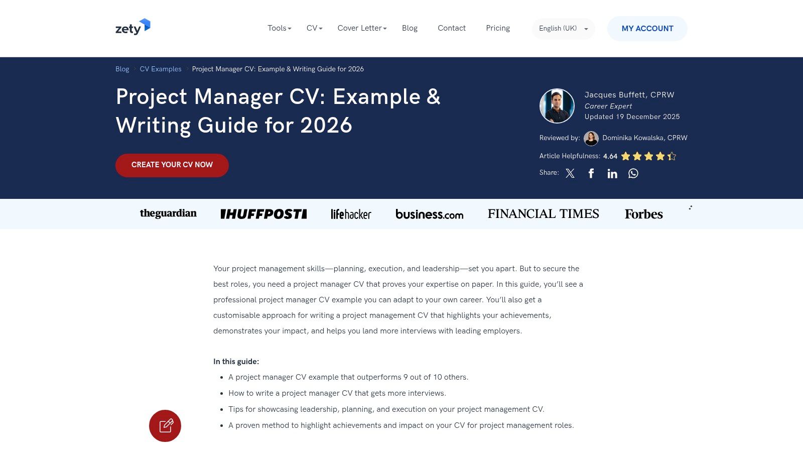 A screenshot of Zety's project manager CV guide, showing an example CV and highlighting key sections.