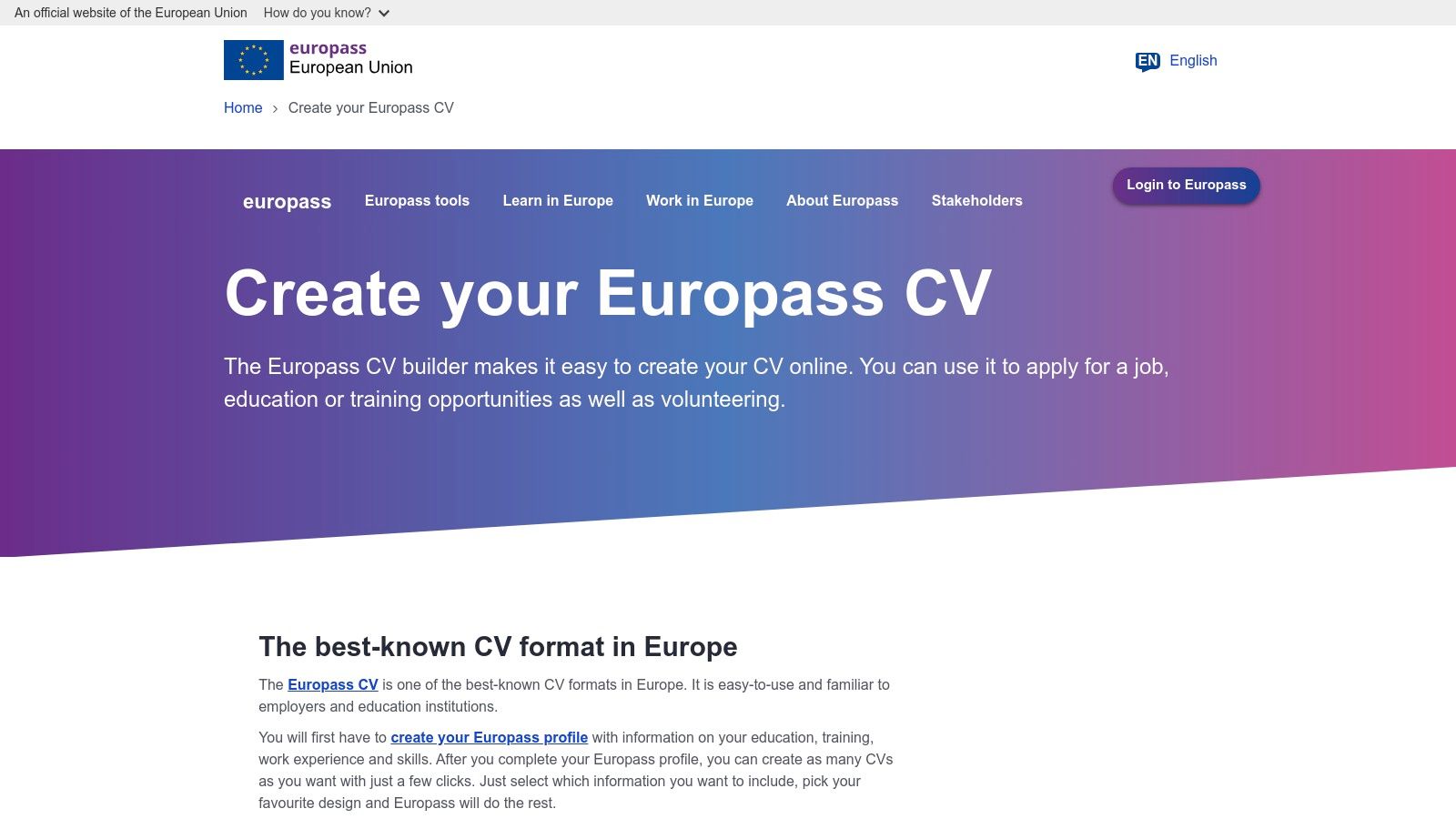 The official Europass CV builder interface, showing a simple, guided creation process.