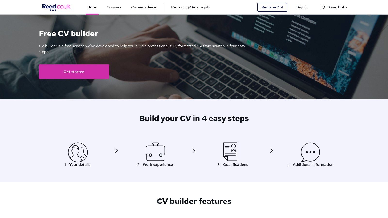 A screenshot of the Reed.co.uk CV builder interface, showing fields for personal details, work experience, and education.