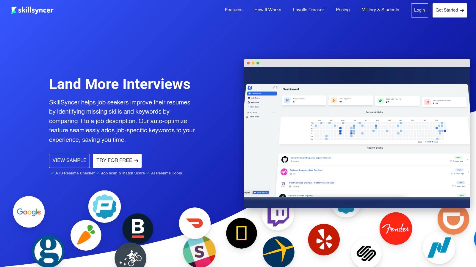 A dashboard view from SkillSyncer showing a resume's match score against a specific job title, with options to view the report or find more jobs.