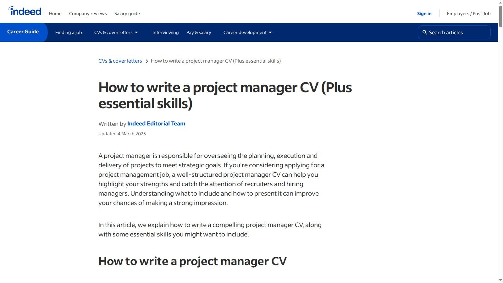 A screenshot of the Indeed Career Guide (UK) webpage showing a project manager CV sample.