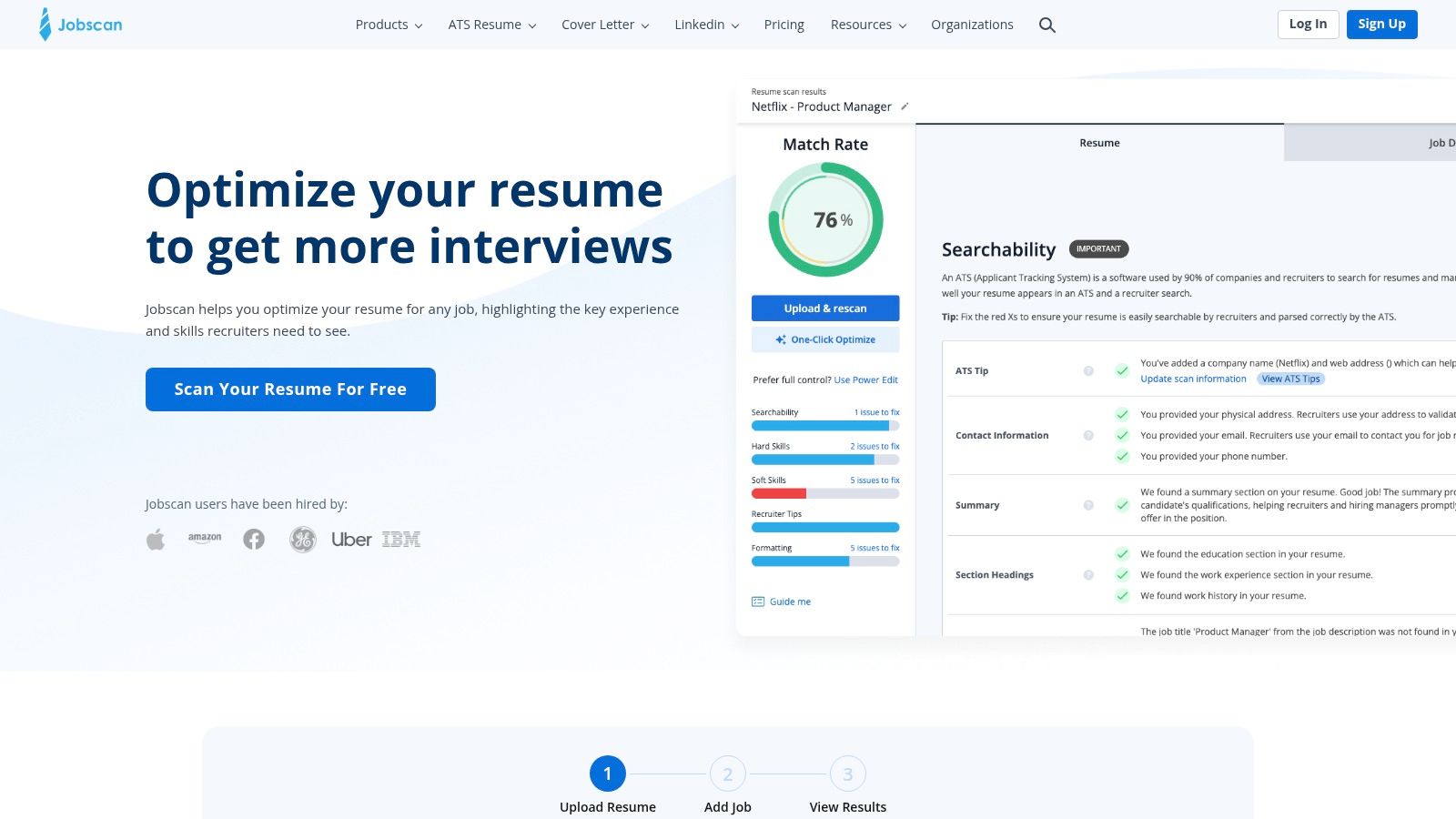 A screenshot of the Jobscan resume analysis interface showing a match rate percentage and sections for ATS findings and recruiter findings.