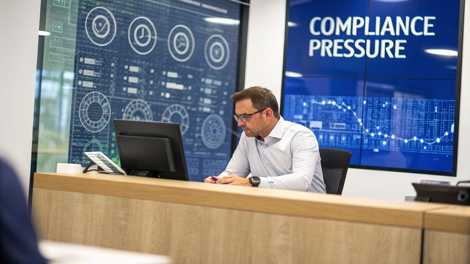 A man in an office setting reviews his device with large data visualization screens displaying 'Compliance Pressure'.