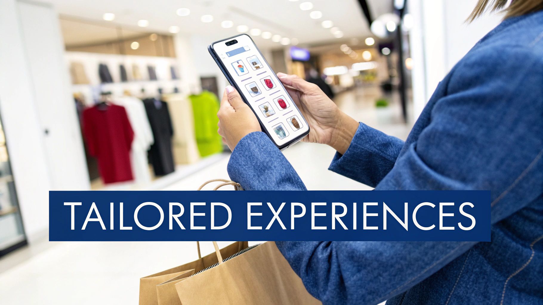 A person holds a smartphone showing a shopping app with clothing items, while carrying shopping bags in a retail store.