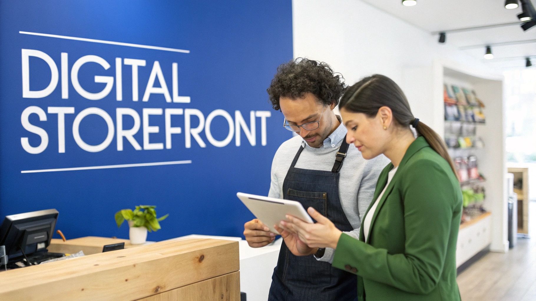 Two people, a man in an apron and a woman, collaborate on a tablet in a 'Digital Storefront'.