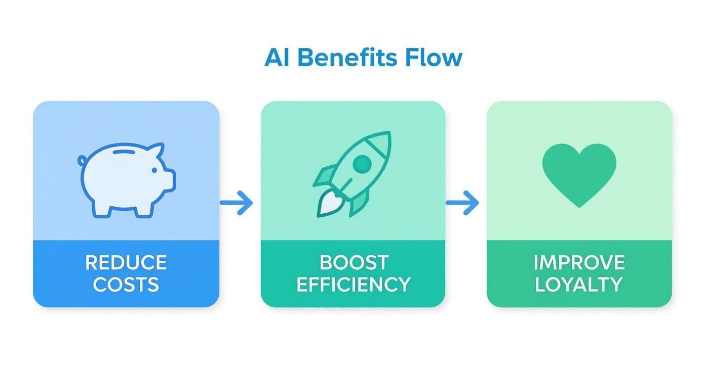 Flowchart illustrating AI benefits: reduce costs (piggy bank), boost efficiency (rocket), and improve loyalty (heart).