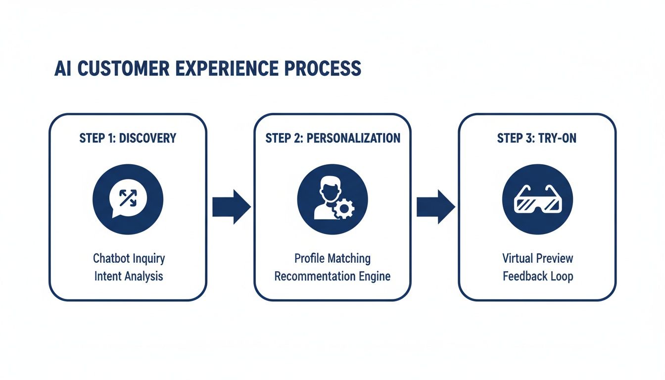 A three-step AI customer experience process flowchart, including discovery, personalization, and virtual try-on.