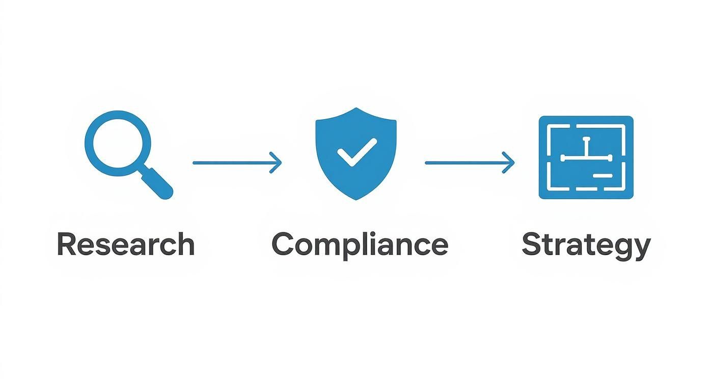 A blue infographic showing a three-step process: Research (magnifying glass), Compliance (shield), and Strategy (blueprint).