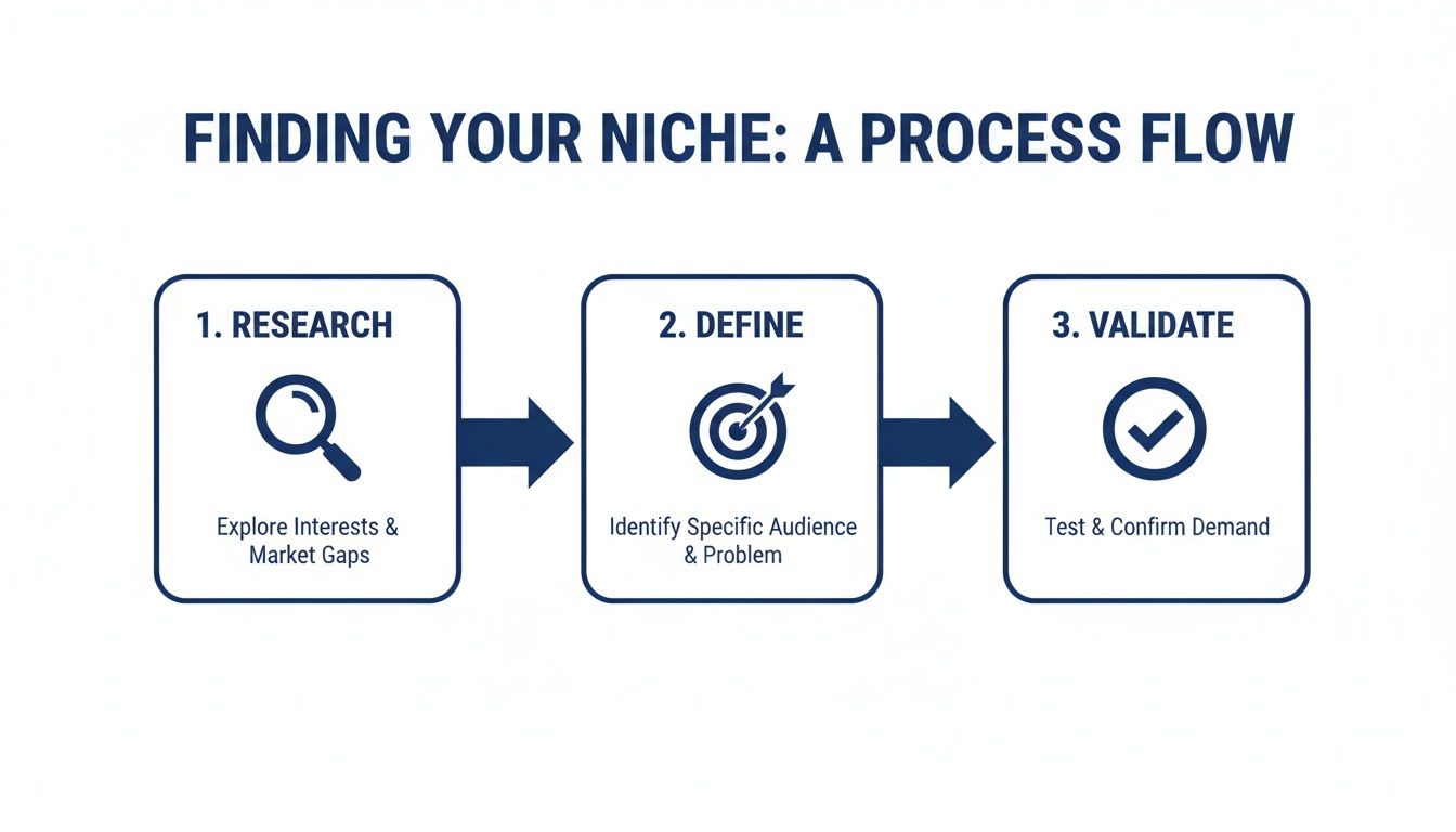 A process flow diagram titled 'Finding Your Niche' with steps: Research, Define, and Validate.