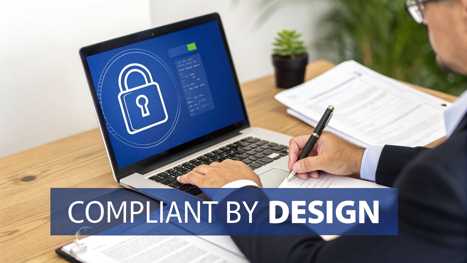 A businessman working on a laptop with a security padlock icon, emphasizing 'COMPLIANT BY DESIGN'.
