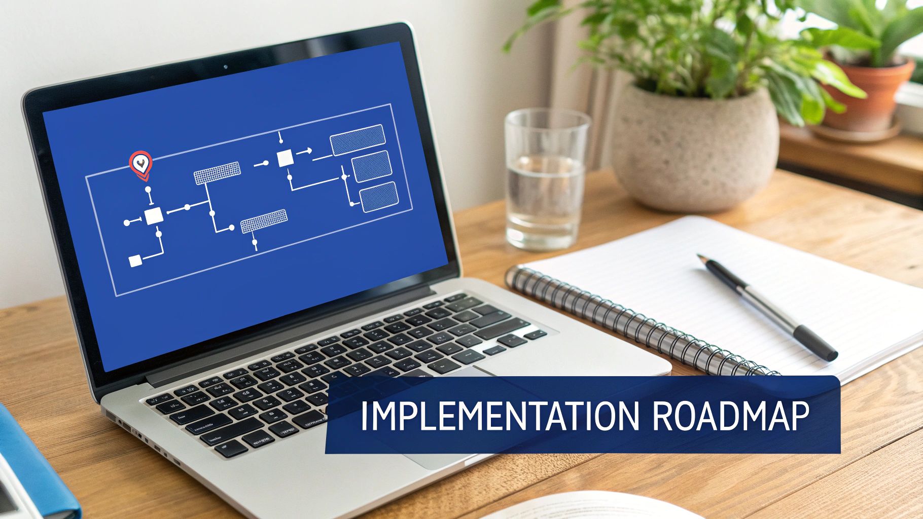 A laptop displaying an implementation roadmap diagram on a wooden desk with a notebook and plant.