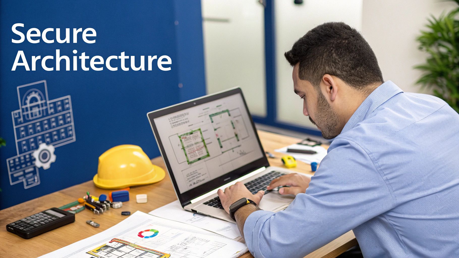 An architect works on secure building plans on a laptop, with a hard hat on the desk.