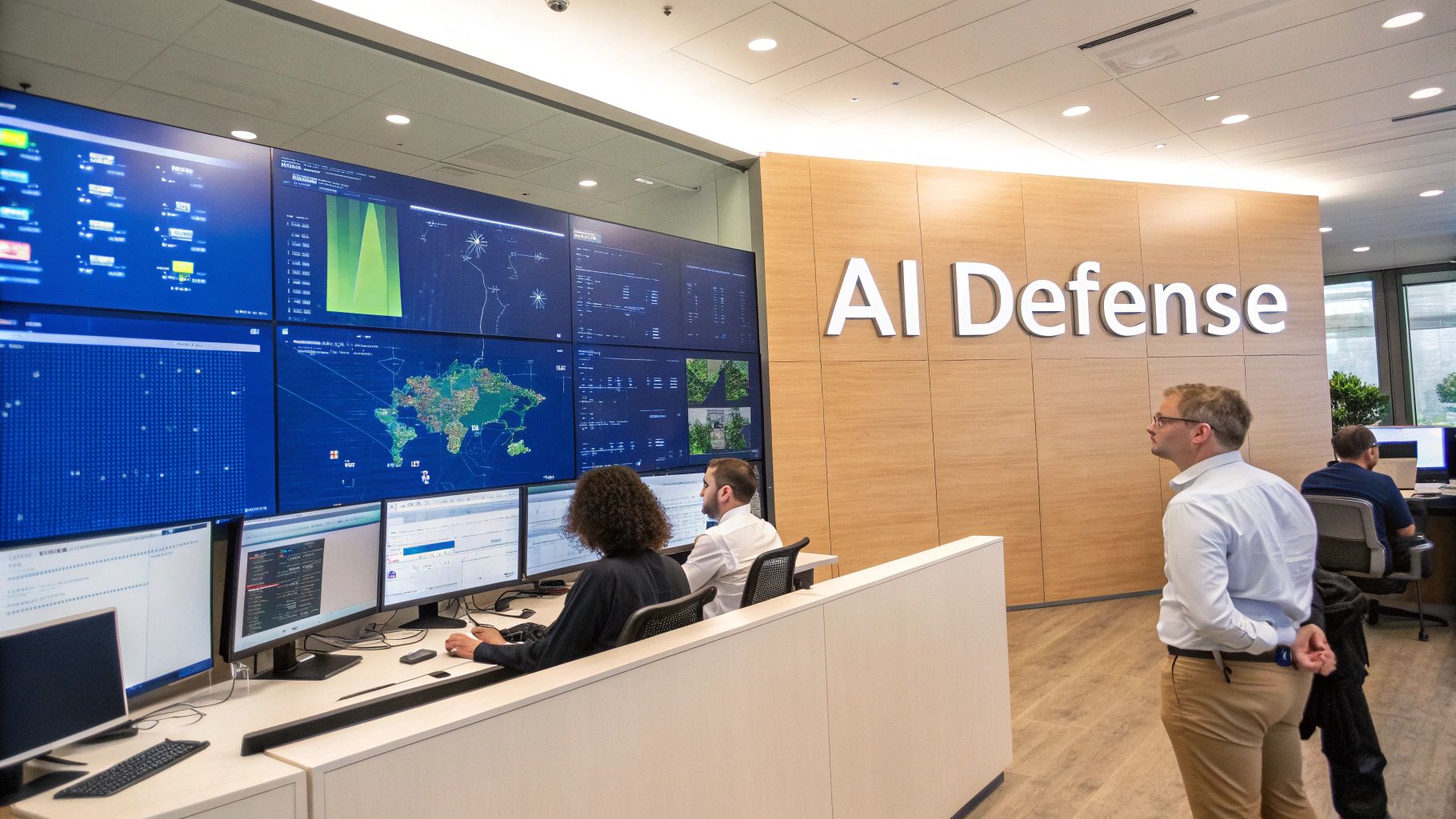 People working in a modern AI Defense control room with large data screens.
