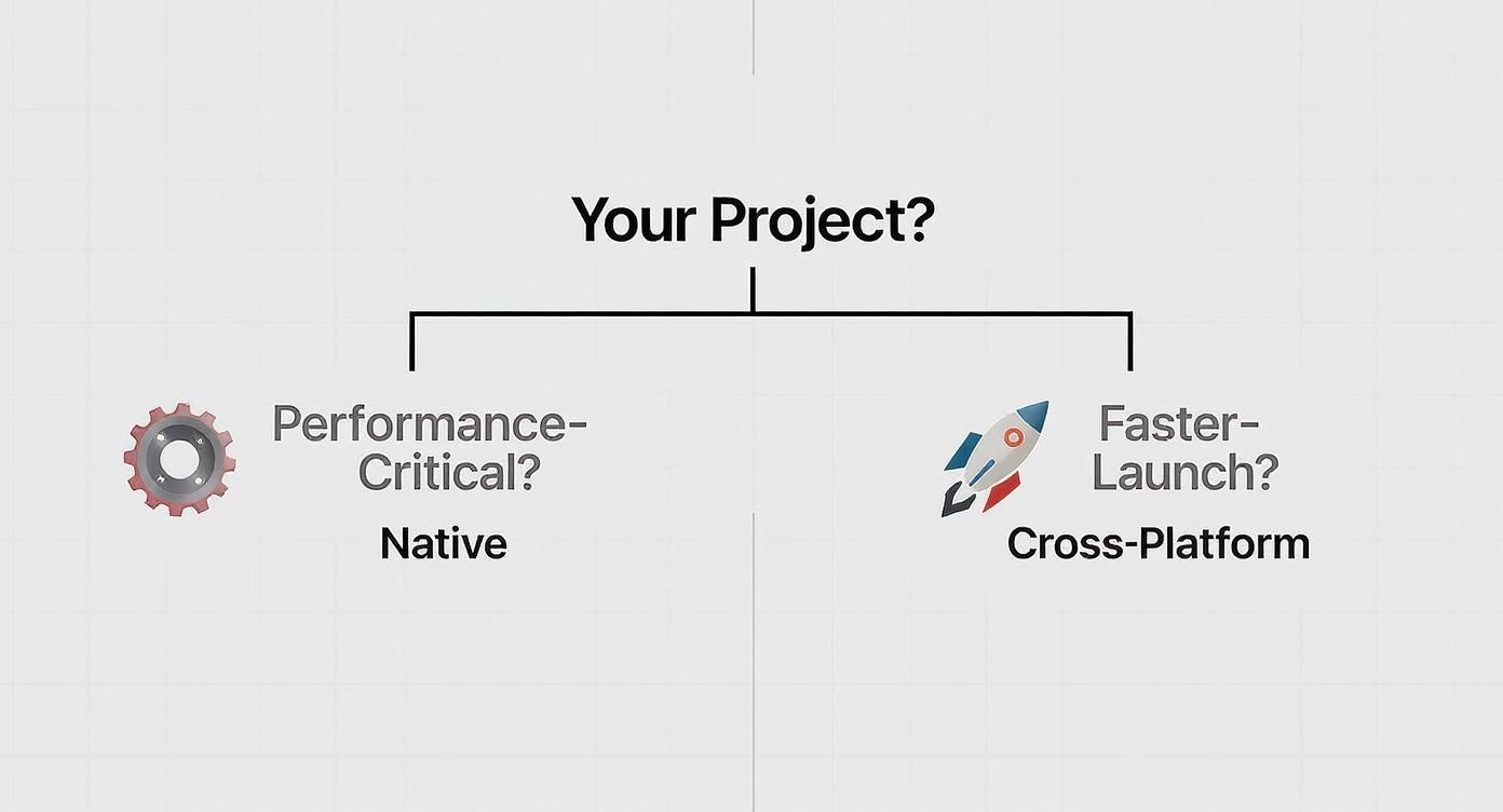 Decision tree for mobile app development, choosing native for performance or cross-platform for faster launch.