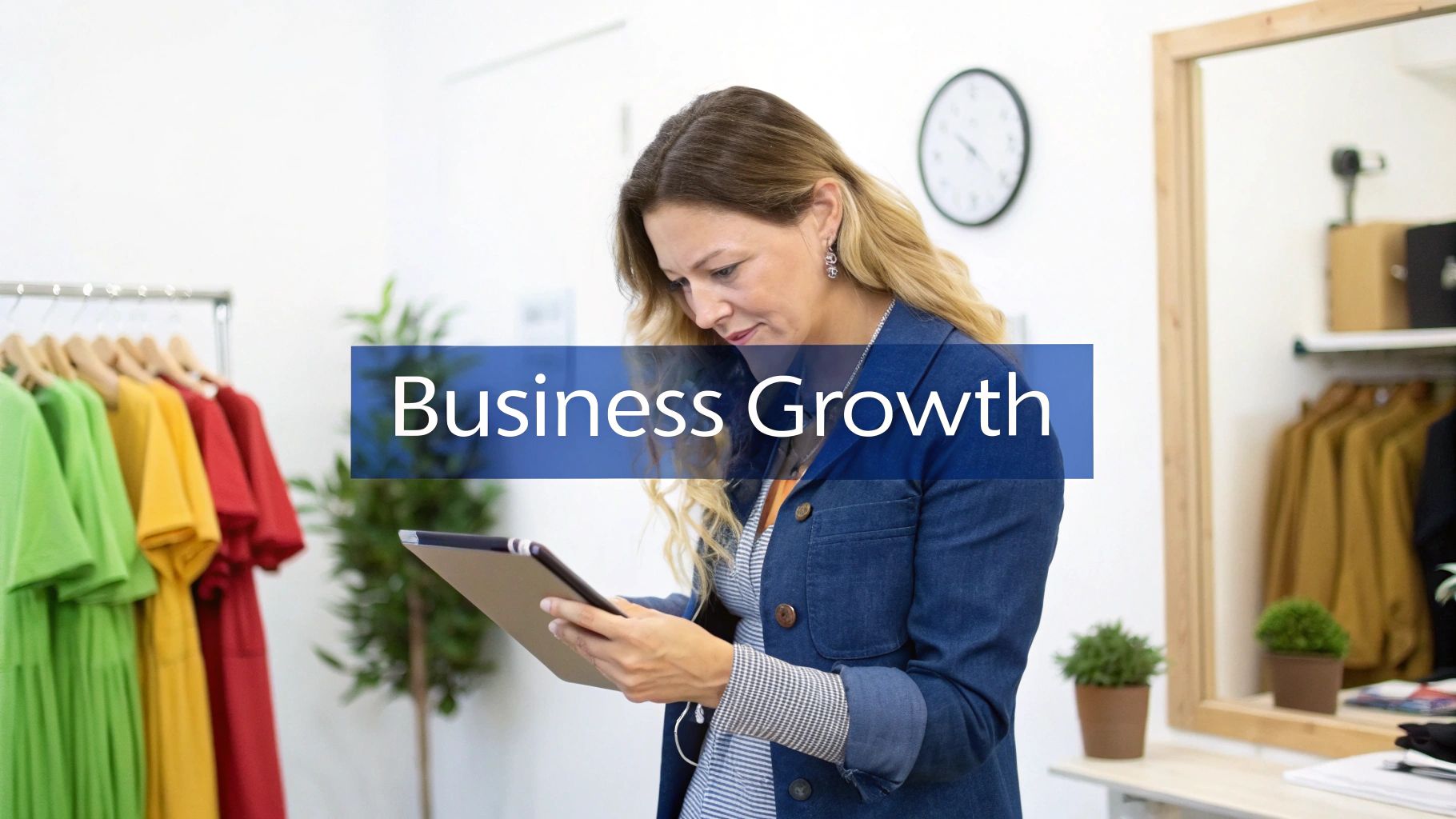 A woman in a clothing store uses a tablet, with 'Business Growth' text overlay.