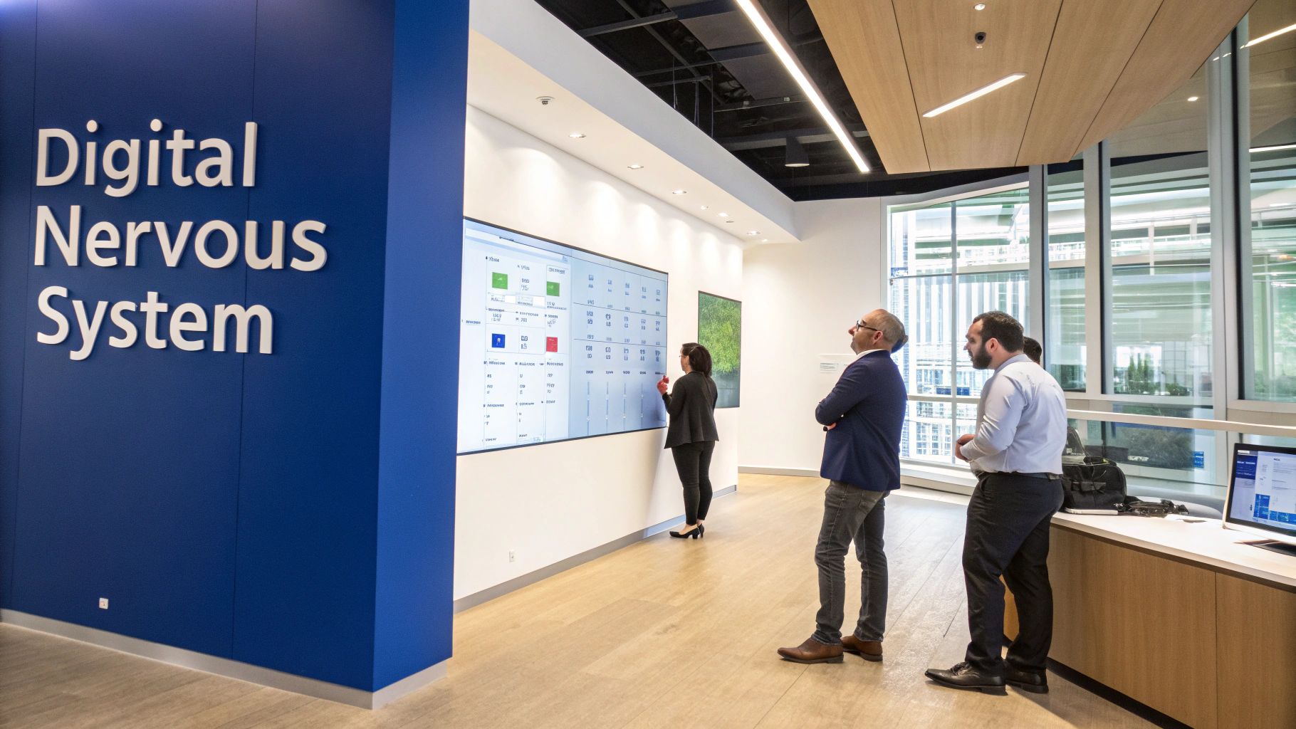 People discussing data on a large digital screen in a modern office with 'Digital Nervous System' branding.