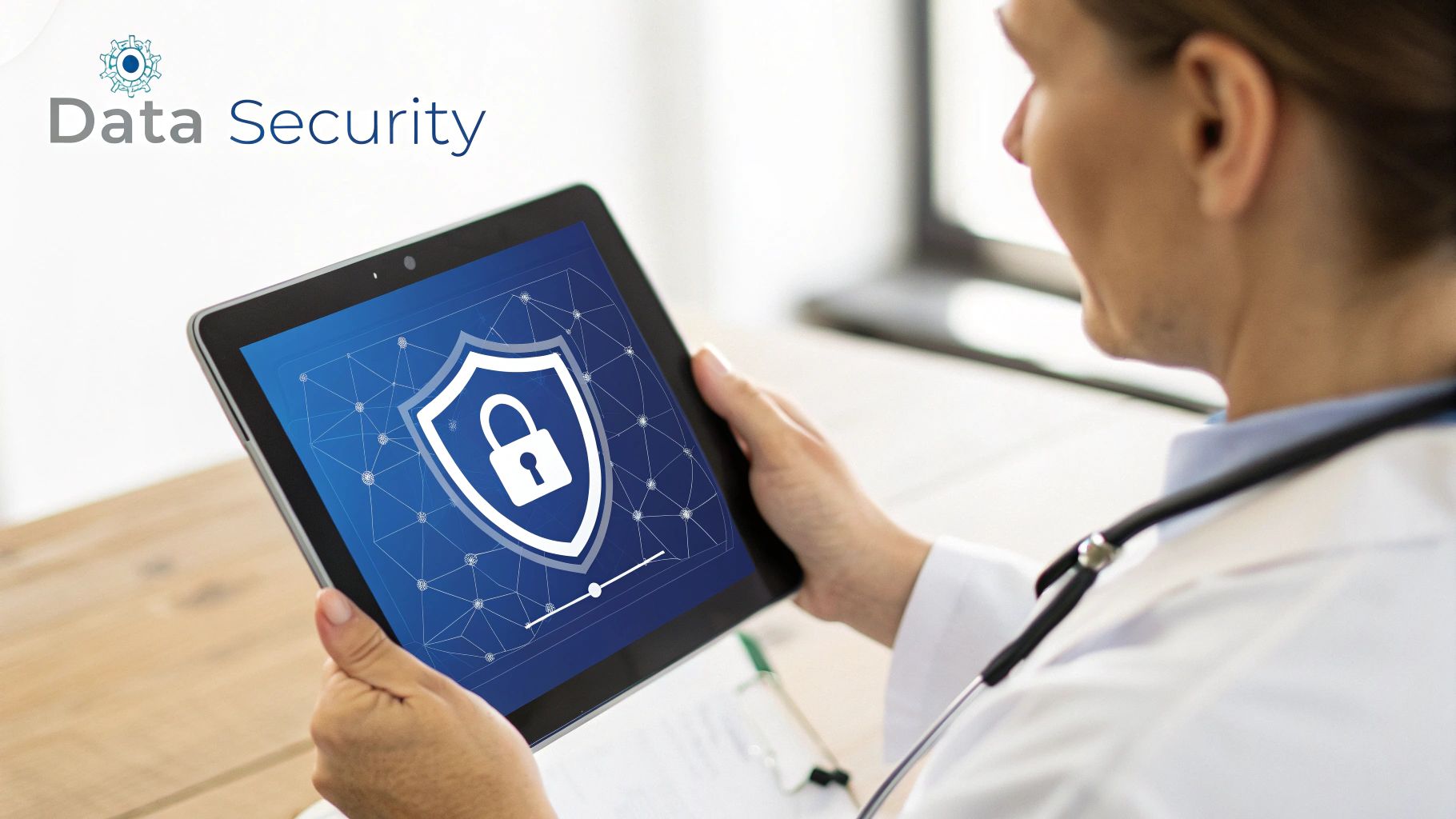 A doctor holds a tablet displaying a data security shield and padlock icon, symbolizing digital protection.