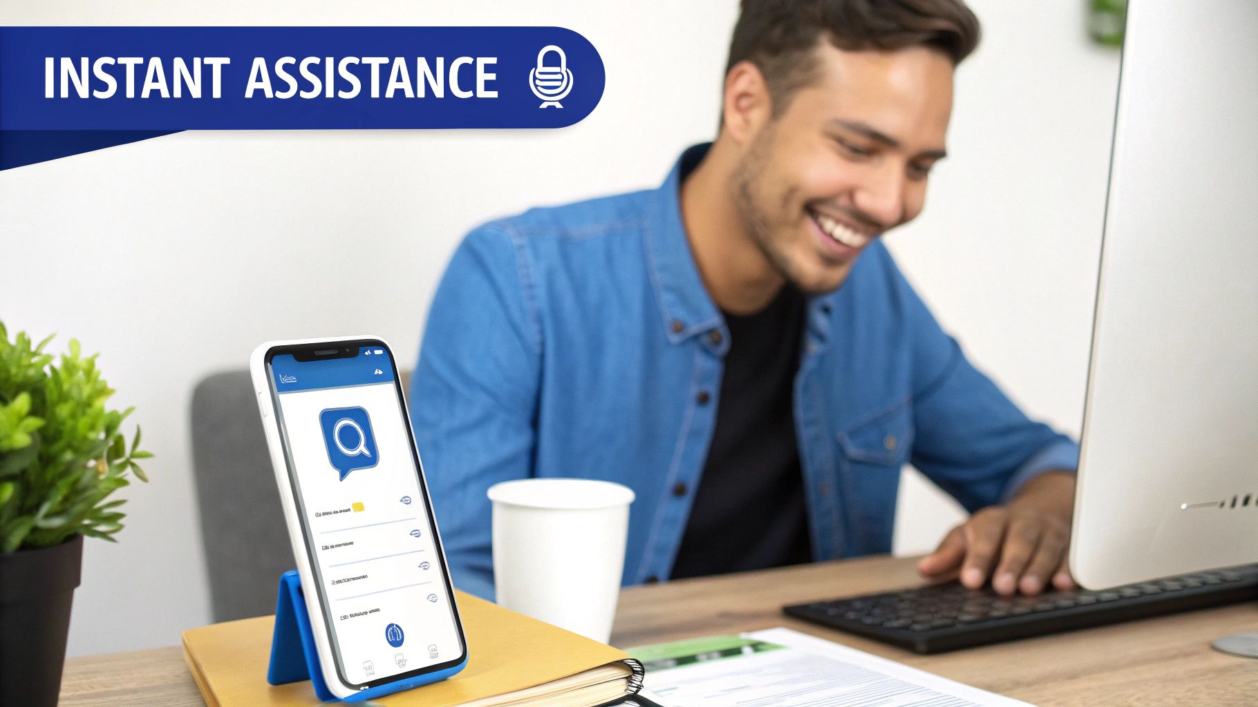 Smiling man uses a computer, while a smartphone with an 'Instant Assistance' app is on the desk.