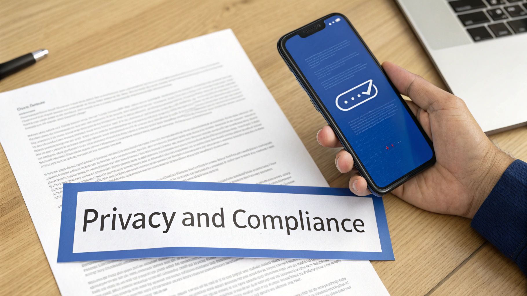 A hand holds a smartphone showing a chat icon next to a document titled 'Privacy and Compliance'.