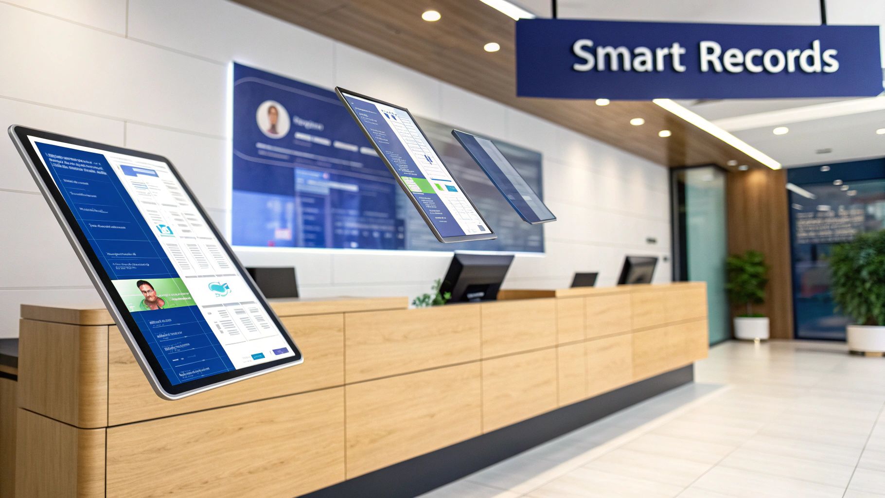 A doctor reviewing patient data on a futuristic tablet, with AI-driven charts and insights visible.