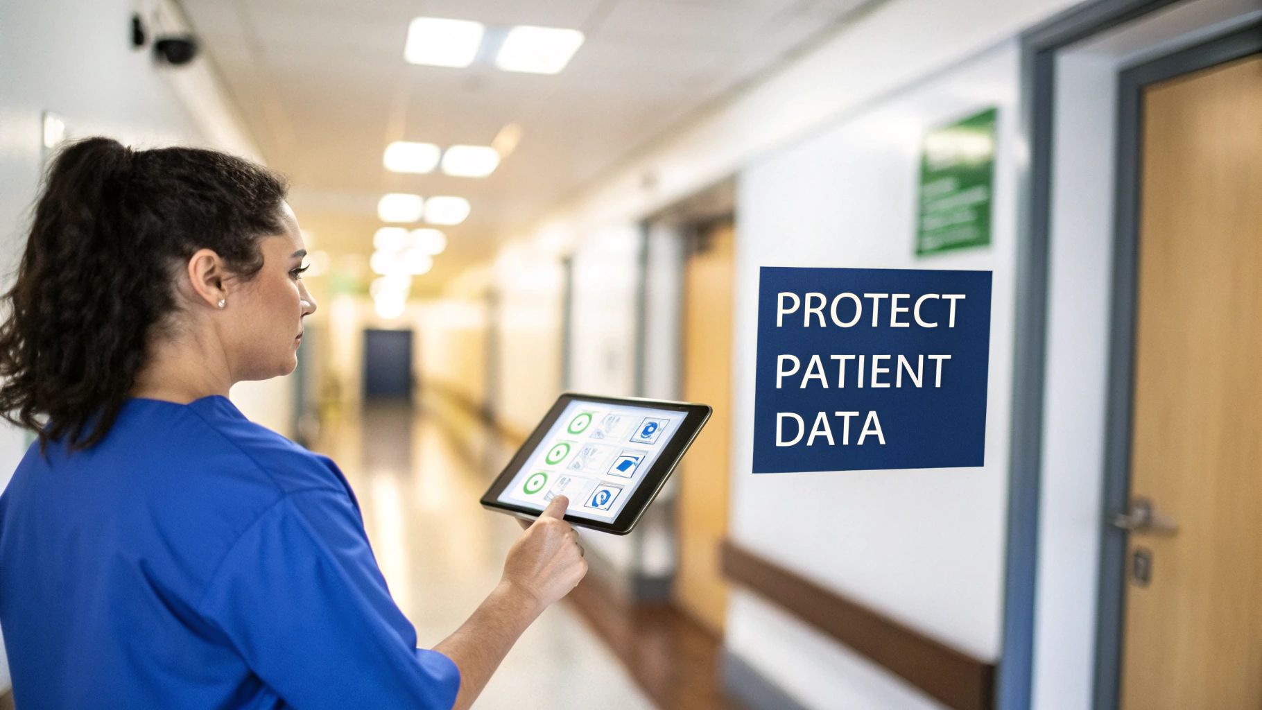 A nurse in blue scrubs uses a tablet in a hospital hallway with a "PROTECT PATIENT DATA" sign.