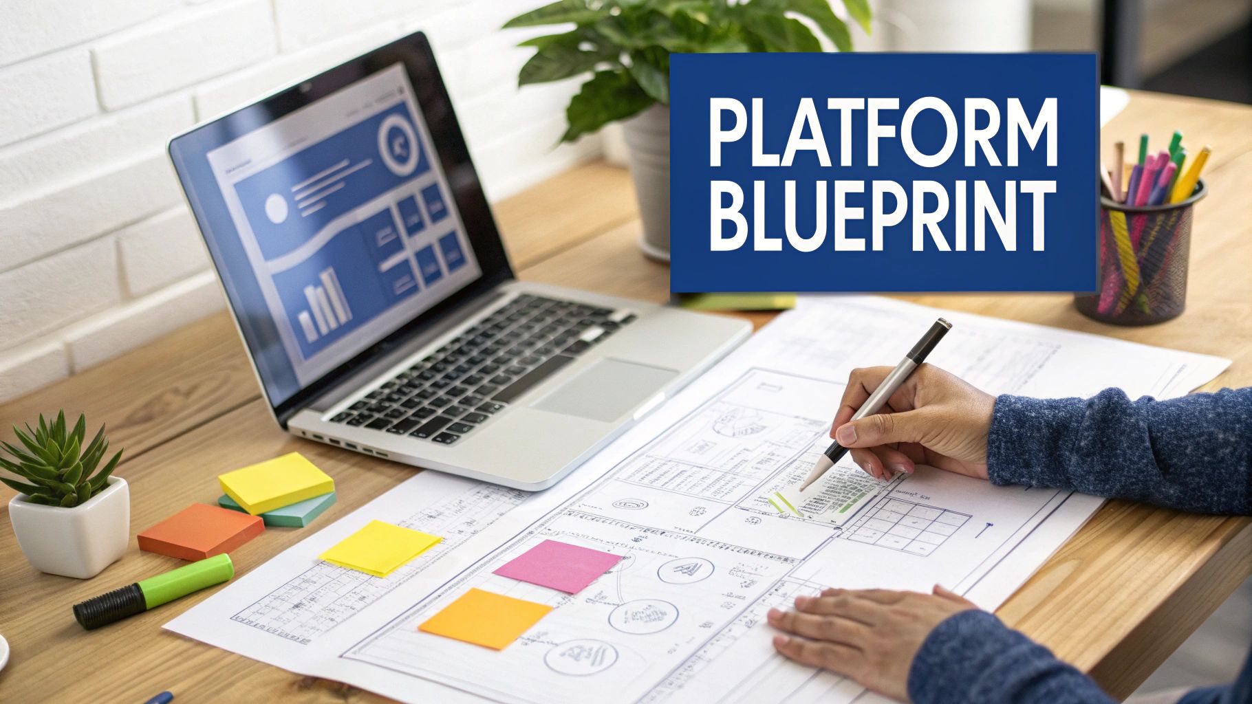Hands drawing on a platform blueprint on a wooden desk, next to a laptop displaying data.