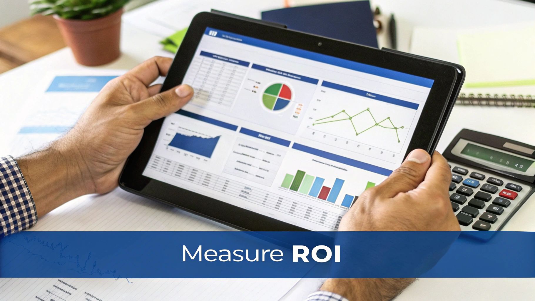 Hands hold a tablet displaying a business dashboard with charts, graphs, and data for ROI measurement.