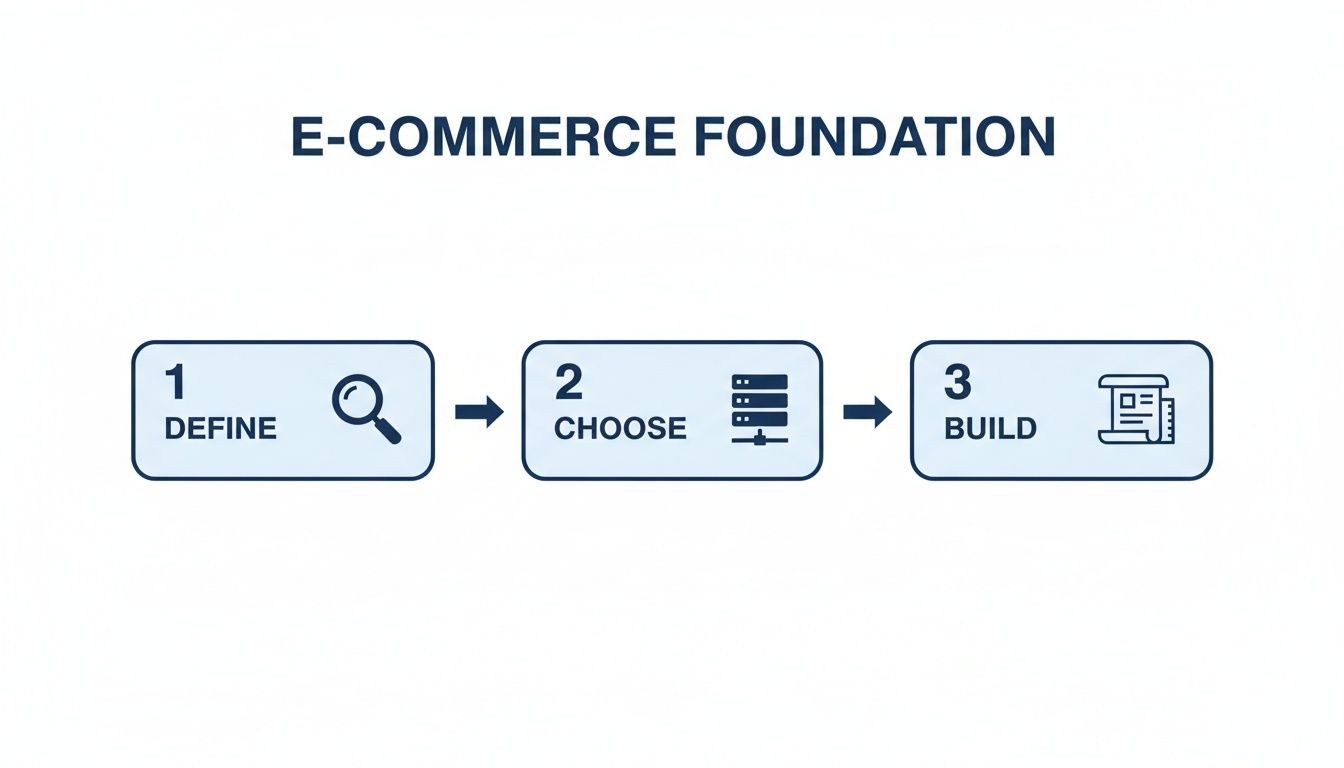 A three-step diagram illustrating the foundation of e-commerce, including define, choose, and build stages with icons.