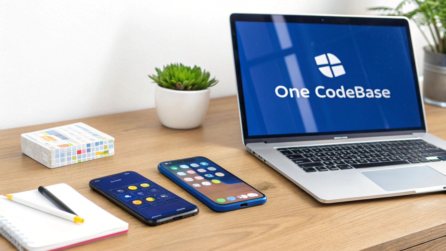 A tech workspace with a laptop showing 'One CodeBase', two smartphones, and a notebook.