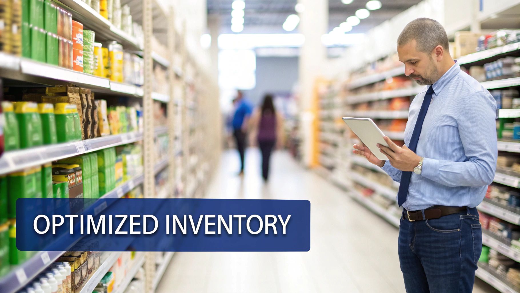 A retail manager uses a tablet in a grocery aisle for optimized inventory management.