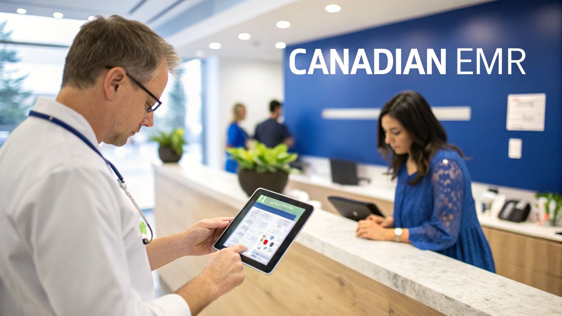 A doctor reviewing patient data on a tablet in a modern clinic setting.