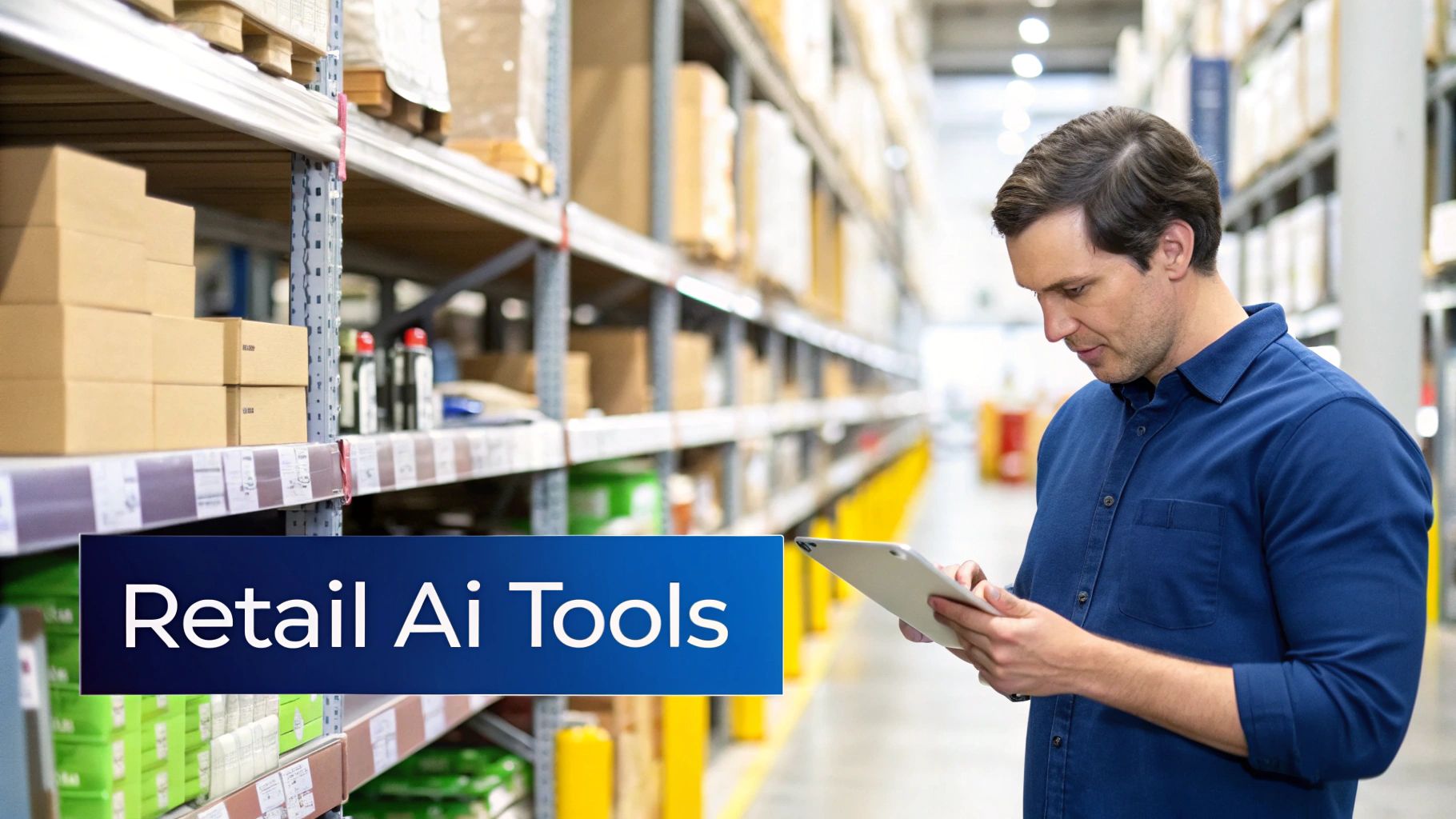 Man uses a tablet to check inventory on shelves in a large retail warehouse, focusing on logistics.