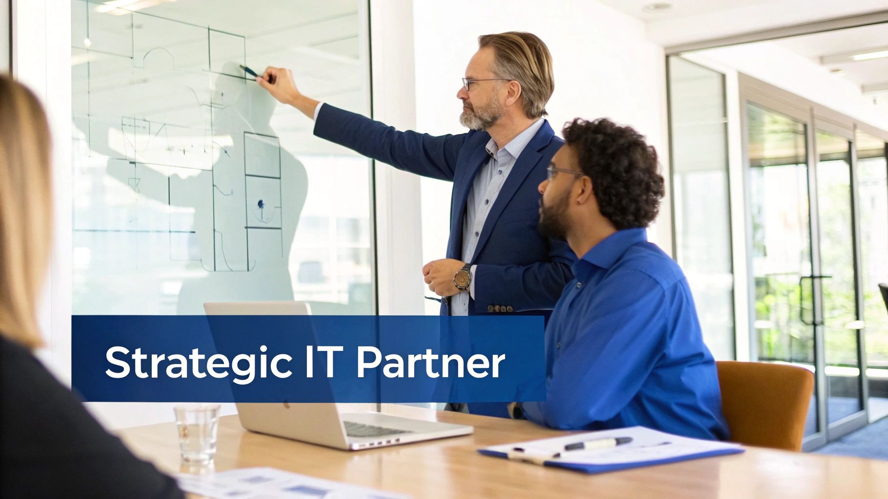 A group of professionals in a modern office strategizing around a table with laptops and diagrams, illustrating the collaborative nature of IT consultancy.