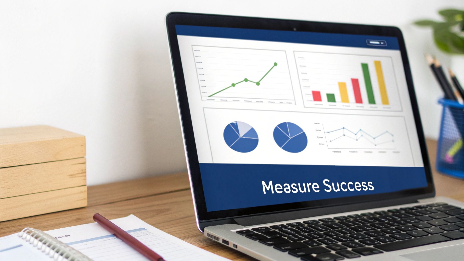 A person pointing at a screen displaying a dashboard with various Key Performance Indicator (KPI) charts and graphs, indicating progress and success.