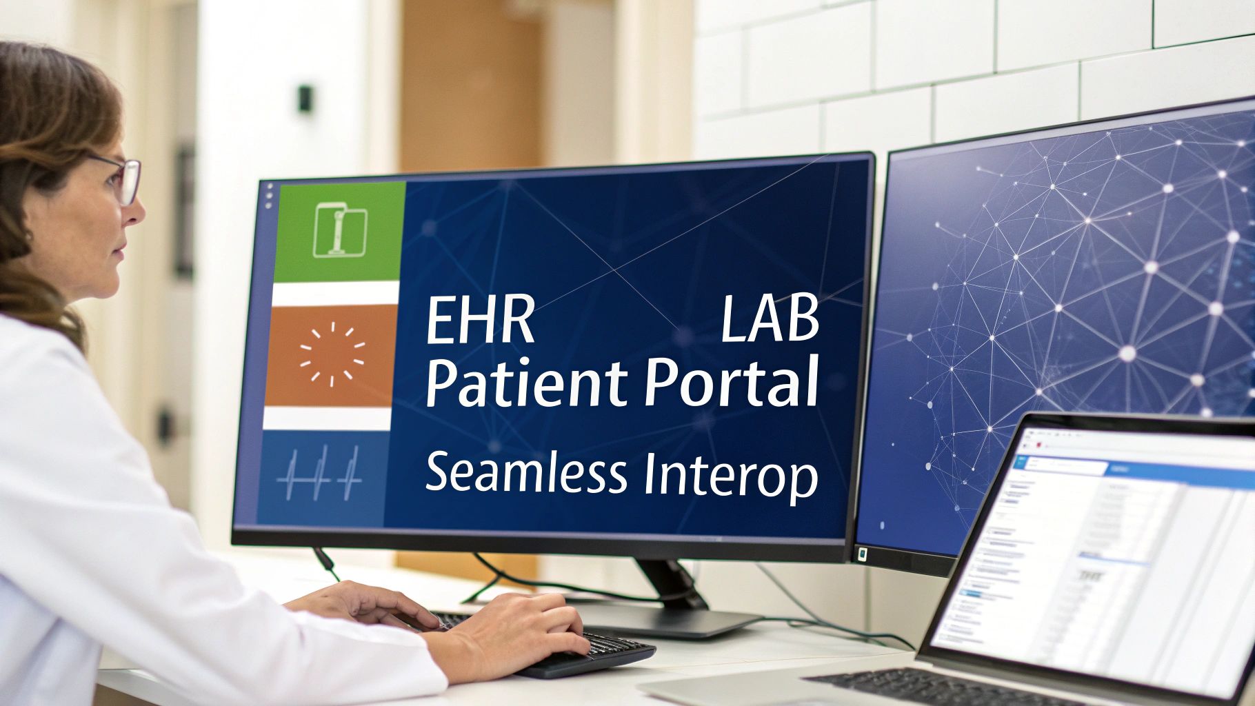 Healthcare professional working on a computer displaying 'EHR LAB Patient Portal Seamless Interop' software.