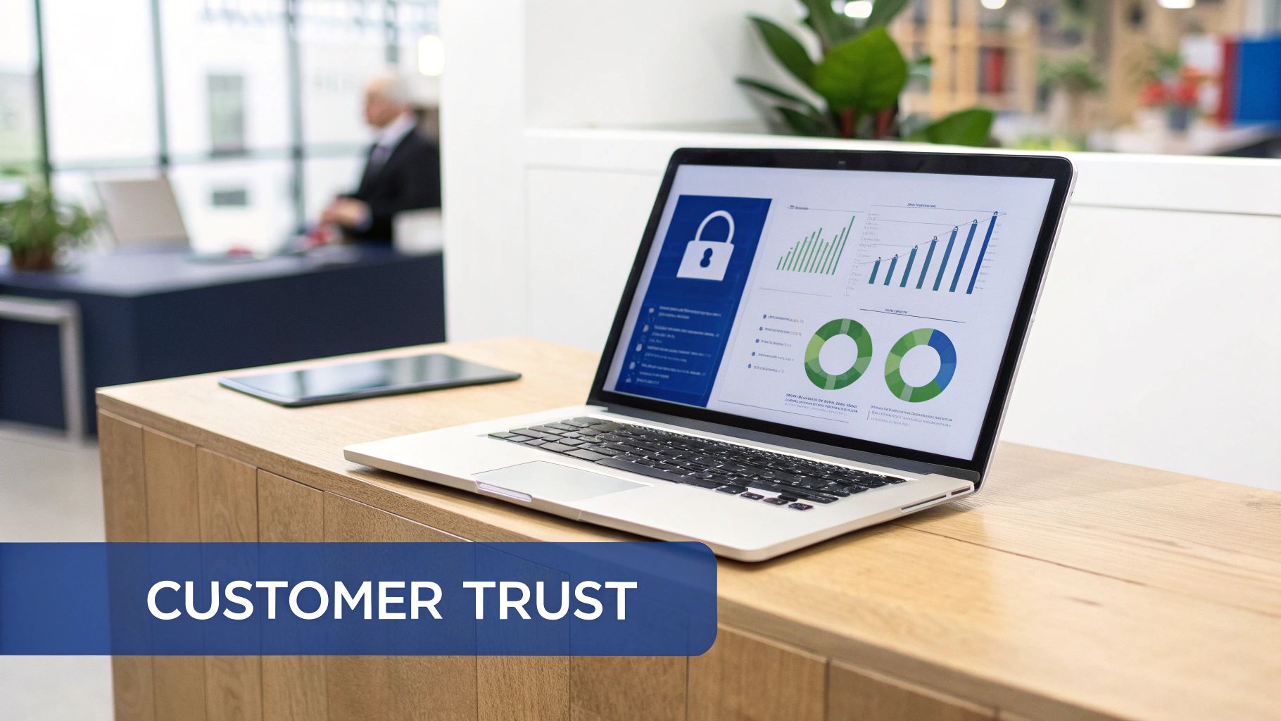 Laptop on a modern office desk displaying a security lock and data charts, emphasizing customer trust.