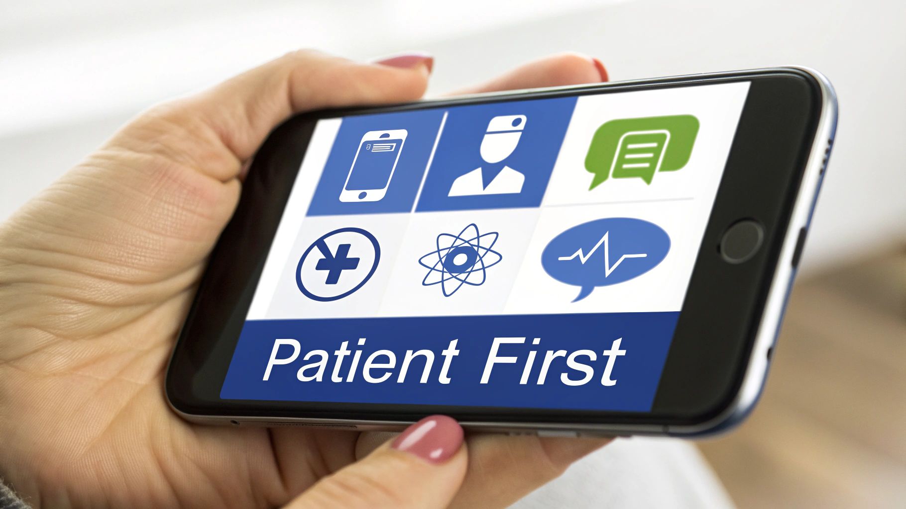 A hand holds a smartphone displaying a healthcare app with medical icons and 'Patient First' text.
