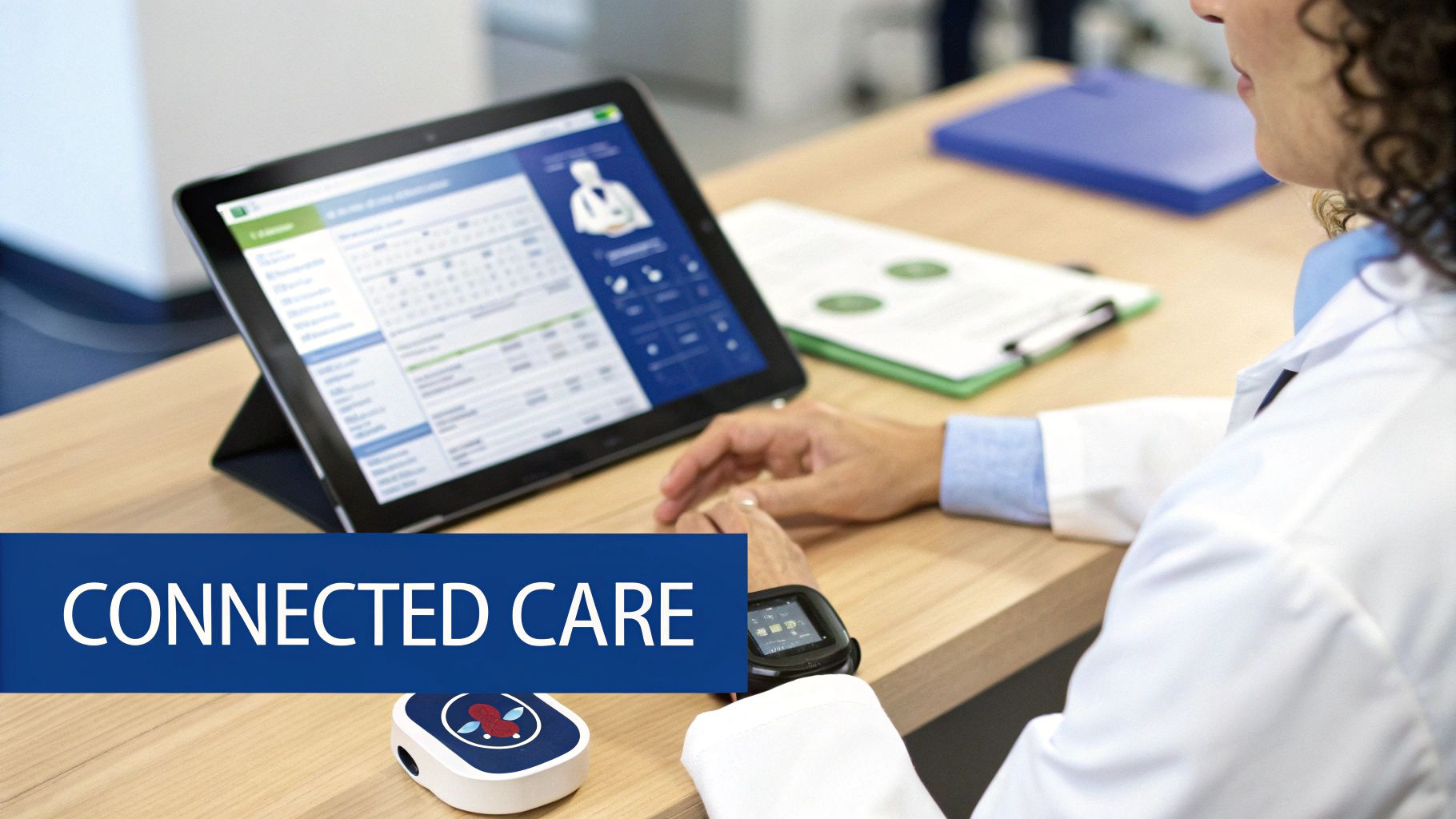 A doctor reviews patient data on a tablet, with connected care devices nearby.