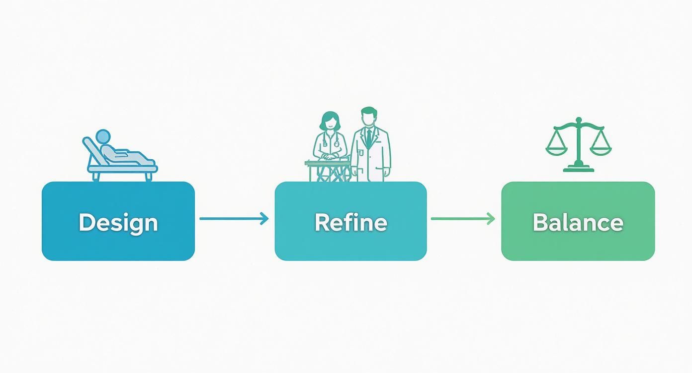 A healthcare process diagram illustrating design (patient), refine (doctors), and balance (scale) with connecting arrows.
