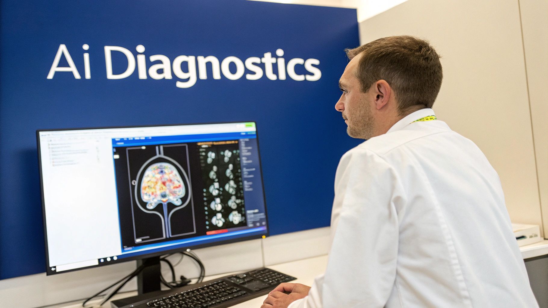 AI algorithms analysing medical scans on a futuristic digital interface.