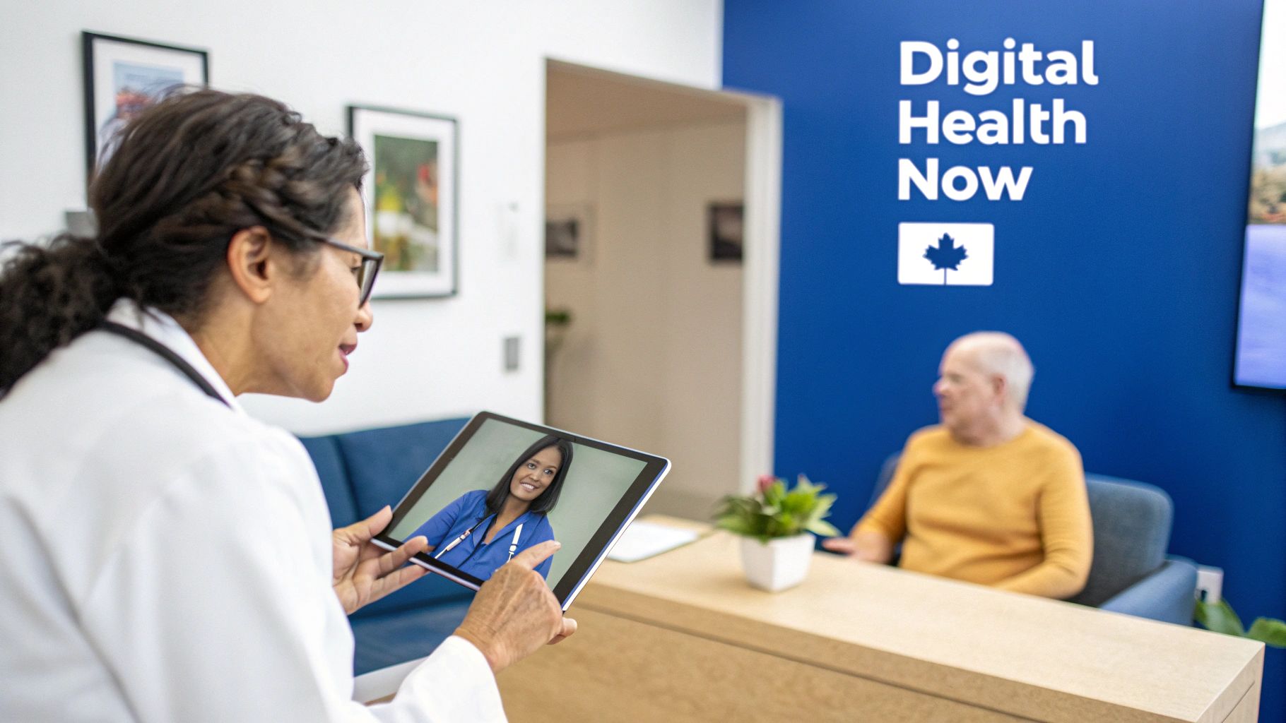 Doctor using tablet for telemedicine consultation with remote healthcare professional and senior patient
