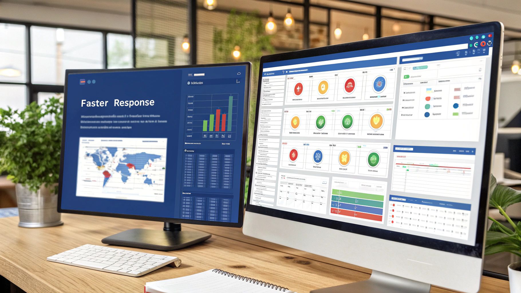 A modern Security Operations Center with analysts working at desks with multiple screens showing data visualizations and threat maps, with an overlay of AI-driven alerts.