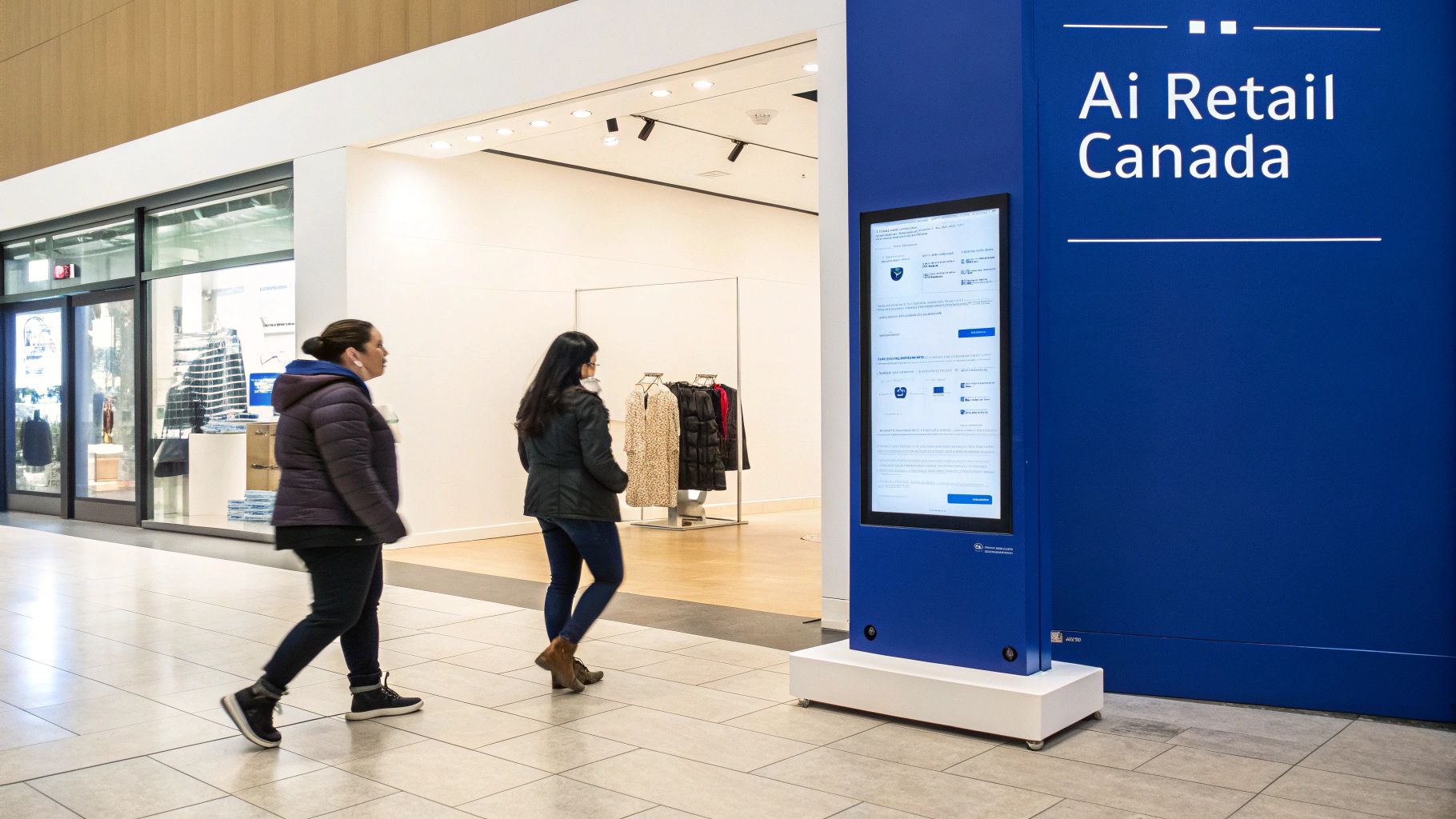 Two women walk past a blue digital display promoting 'Ai Retail Canada' in a modern space.