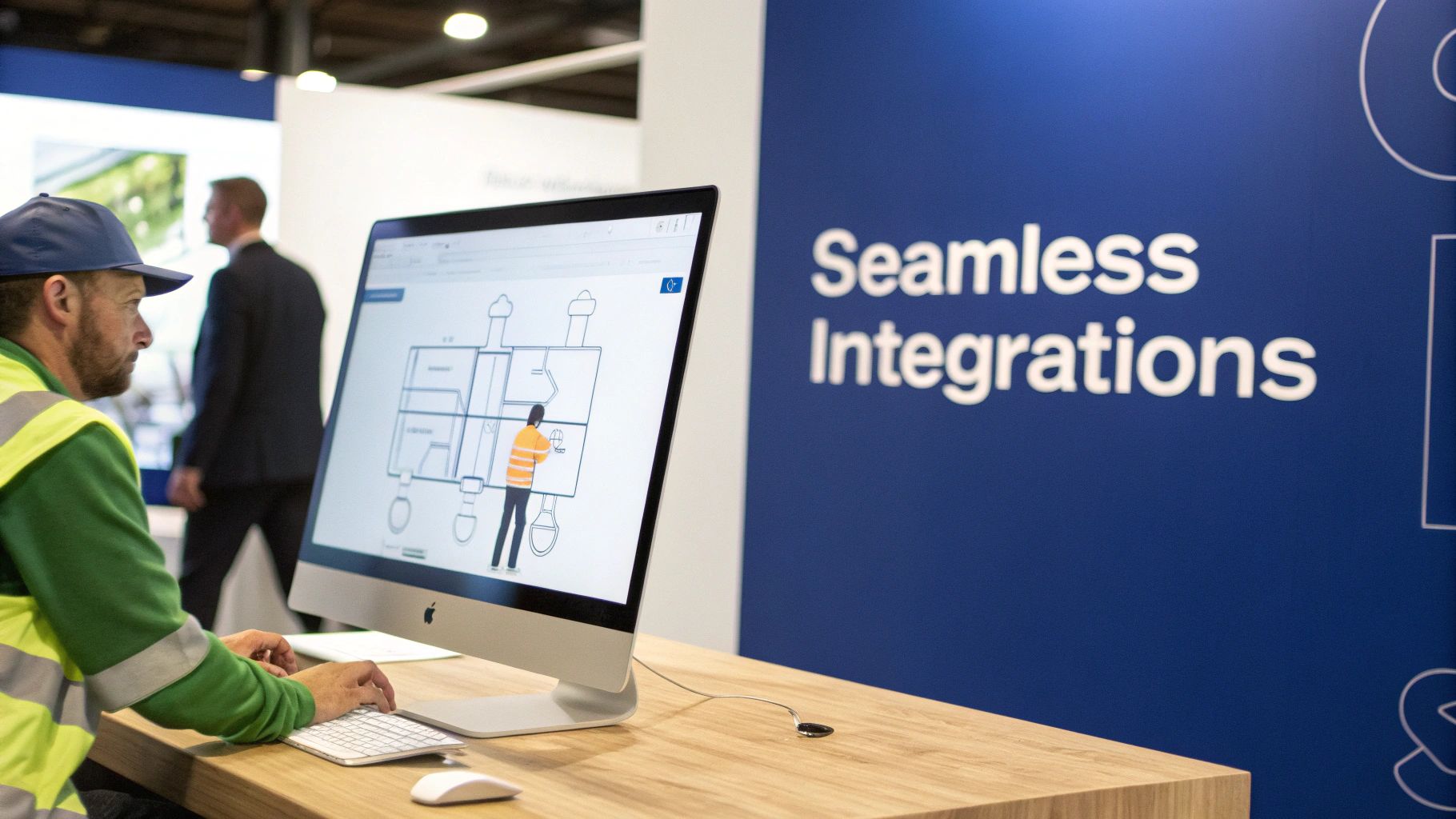 Man in hi-vis jacket working on a computer displaying a technical drawing, next to a 'Seamless Integrations' sign.
