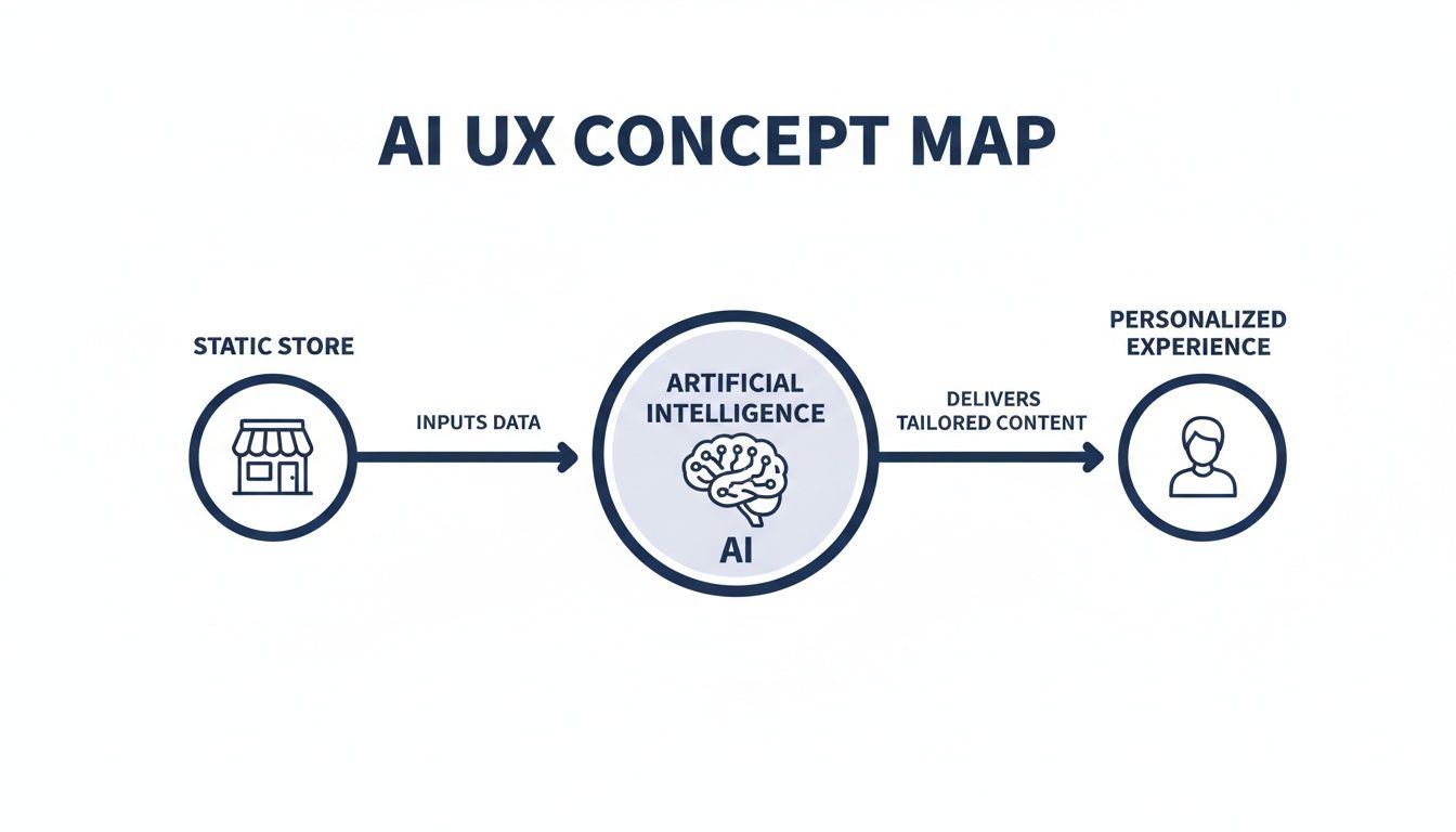AI UX concept map illustrates how static stores input data into AI for personalized user experiences.