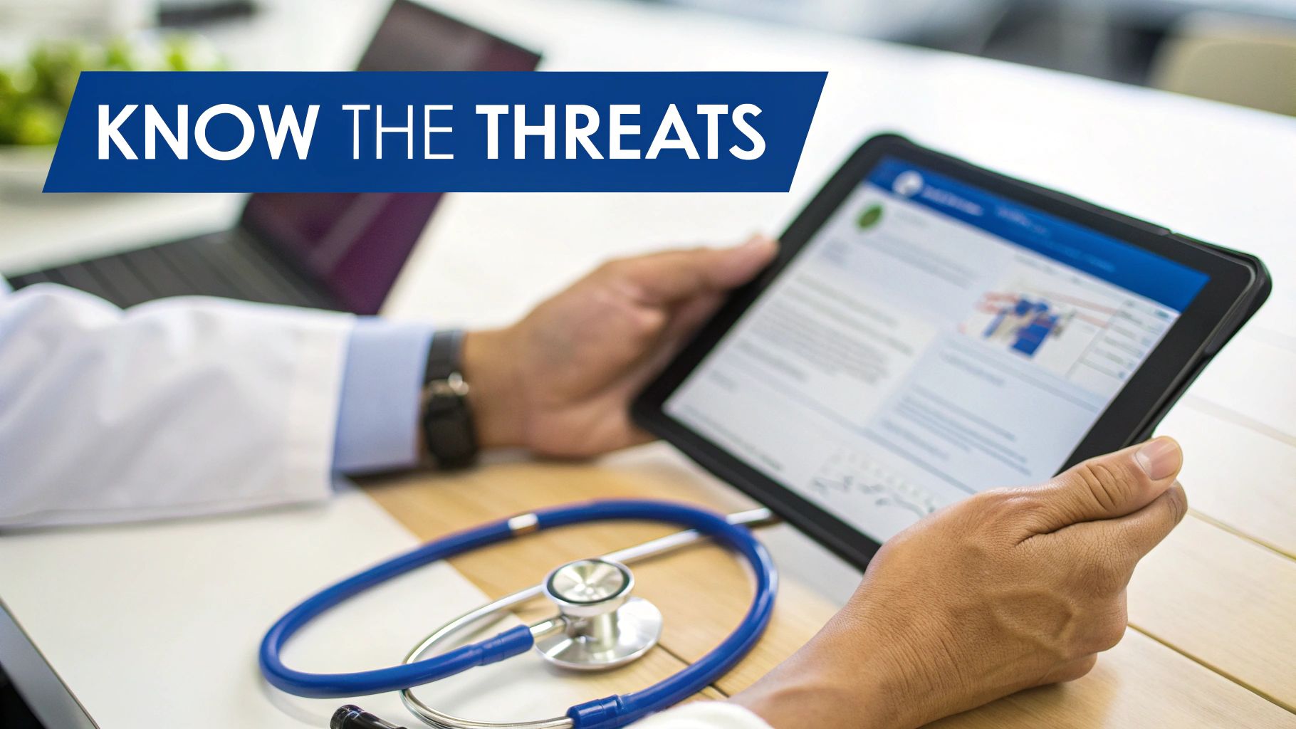 A medical professional in a lab coat reads security information on a tablet with a stethoscope.