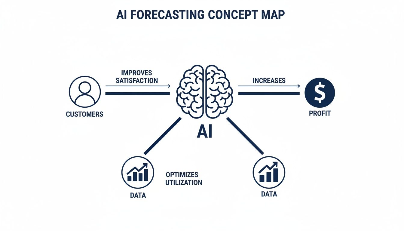 A concept map showing AI forecasting using data to improve customer satisfaction and increase profit.