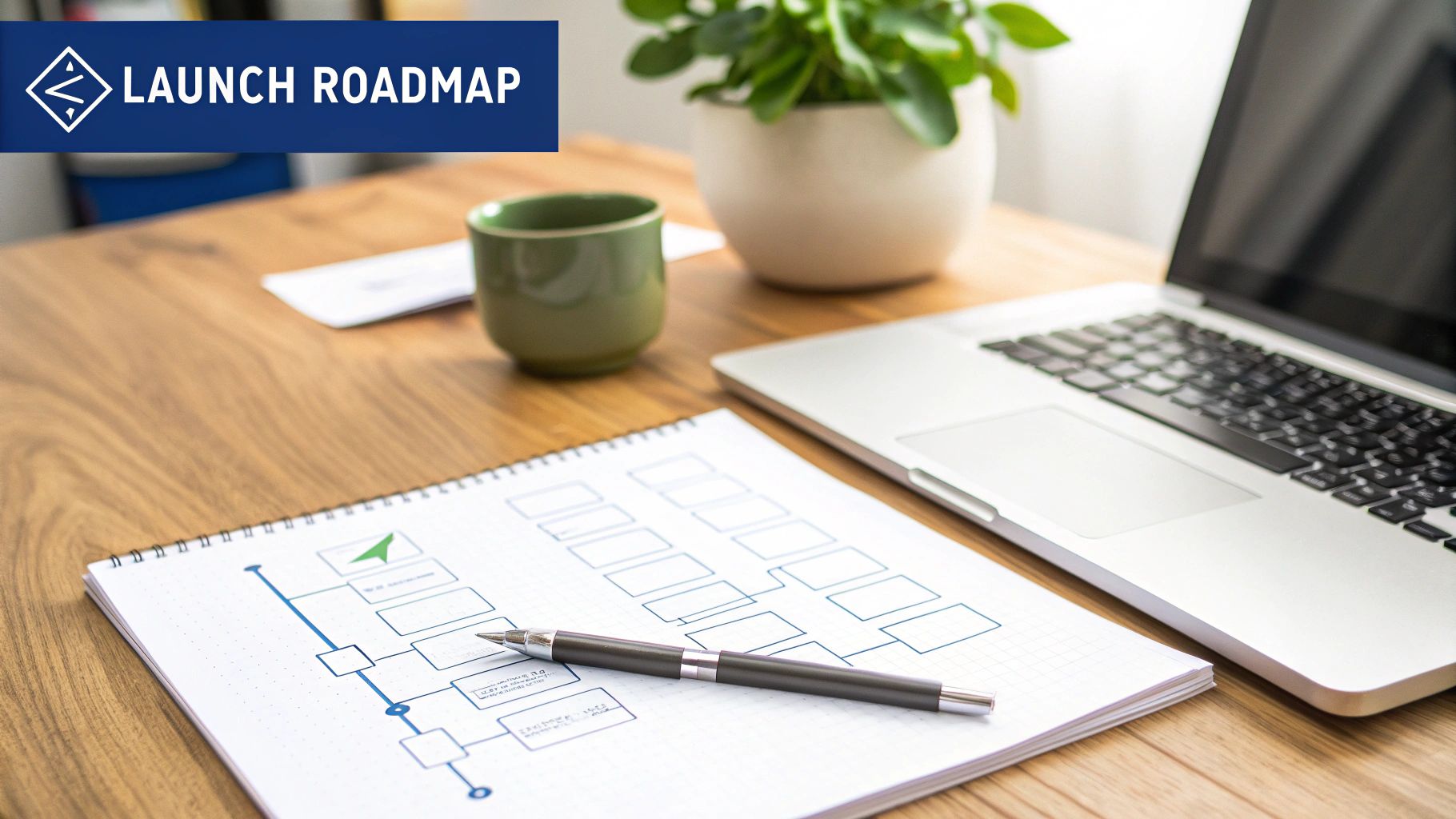 A desk with a laptop, plant, and a notebook showing a 'LAUNCH ROADMAP' diagram with a pen.