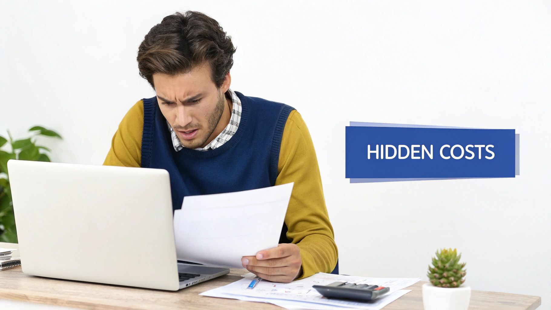 A man looking distressed at papers and a laptop, with a 'HIDDEN COSTS' banner.
